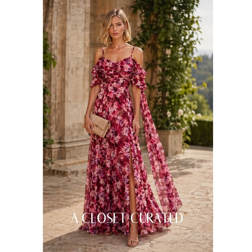 Mikael Aghal Floral Off Shoulder Ruffle Gown Maxi 4 Pink NWT